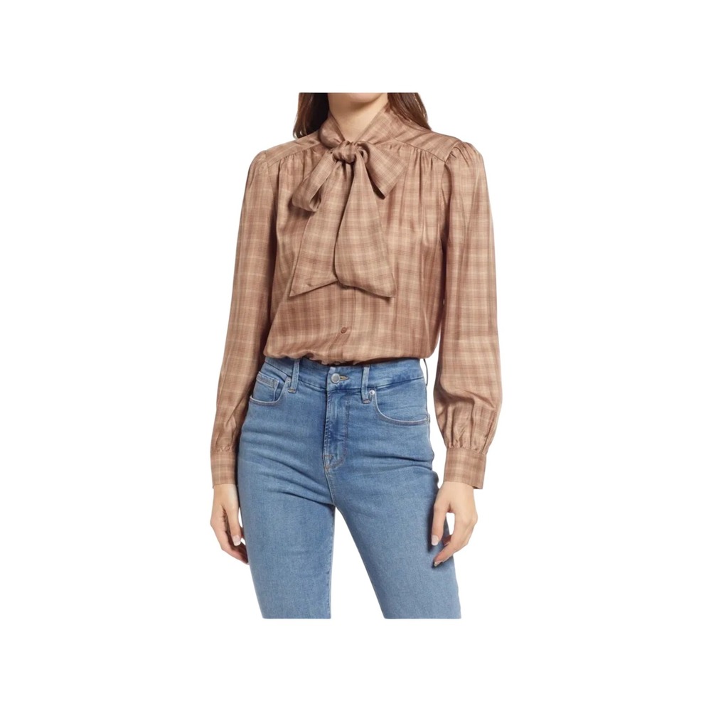 Mare Mare x Anthropologie Plaid Tie Neck Blouse Tan Brown Bow Top Small